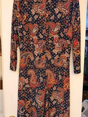 Tommy Hilfiger Navy Paisley Long-Sleeve Maxi Dress with Red and Gold Accents